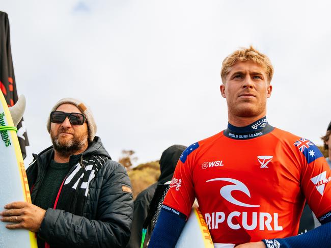 BELLS BEACH, VICTORIA, AUSTRALIA - MARCH 26: Ethan Ewing of Australia prior to surfing in Heat 5 of the Opening Round at the Rip Curl Pro Bells Beach on March 26, 2024 at Bells Beach, Victoria, Australia. (Photo by Aaron Hughes/World Surf League)