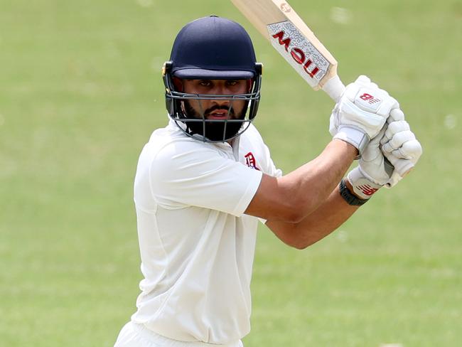 Shobit Singh of Dandenong bats during the Victorian Premier Cricket Kookaburra Men's Premier Firsts Round 4 match between Dandenong and Greenvale Kangaroos at Shepley Oval, on November 16, 2024, in Melbourne, Australia. (Photo by Josh Chadwick)