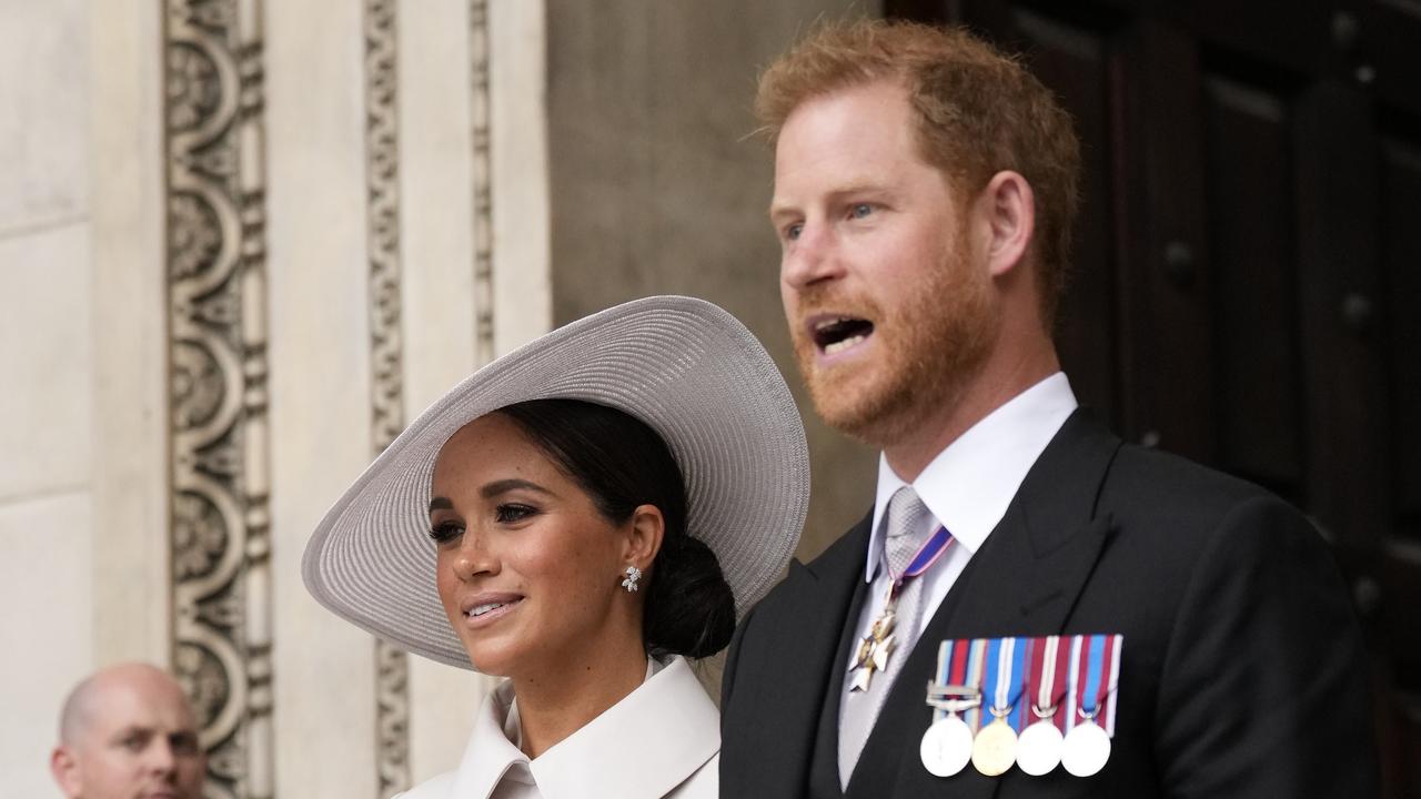 Meghan, Duchess of Sussex and Prince Harry, Duke of Sussex depart after the National Service of Thanksgiving to Celebrate the Platinum Jubilee of Her Majesty The Queen at St Paul's Cathedral on June 3, 2022 in London. Picture: Getty