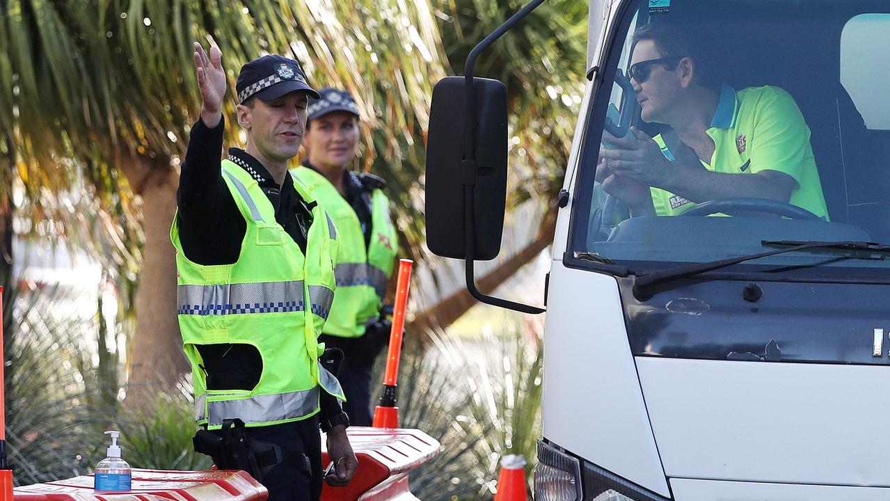 Police stopping vehicles at the Queensland border checkpoints on the Gold Coast. Picture: Nigel Hallett