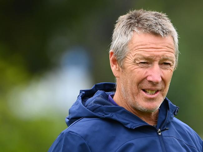 MELBOURNE, AUSTRALIA - MARCH 21: Craig Bellamy the coach of the Storm looks on during a Melbourne Storm NRL training session at Gosch's Paddock on March 21, 2023 in Melbourne, Australia. (Photo by Quinn Rooney/Getty Images)