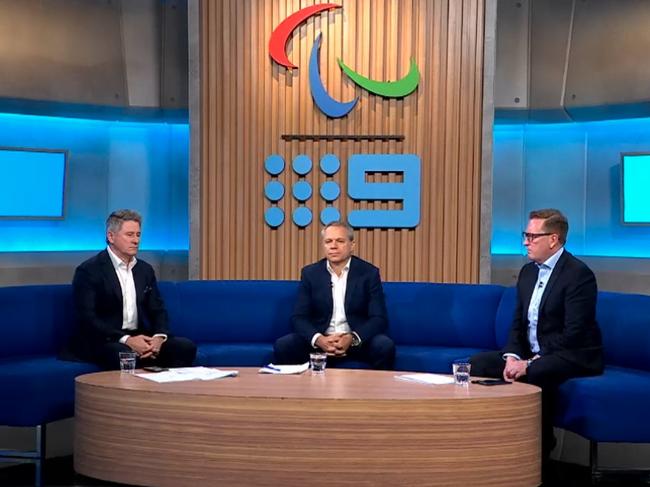 Nine Entertainment chief executive officer Mike Sneesby, chief finance and strategy officer Matt Stanton and chief sales officer Michael Stephenson delivering the company's annual results on Wednesday, August 28, 2024. Source: Channel 9