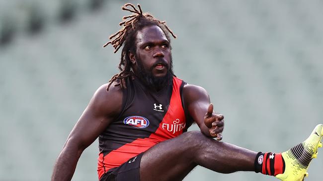 AFL Round 20. Essendon v Sydney Swans at the MCG, Melbourne. 01/08/2021.   Anthony McDonald-Tipungwuti of the Bombers  kicks at goal during the 2nd qtr.    .  Pic: Michael Klein