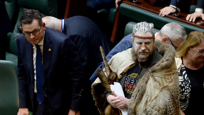 Daniel Andrews with Marcus Stewart, Co-chair of the First Peoples' Assembly. Picture: NCA NewsWire / Andrew Henshaw