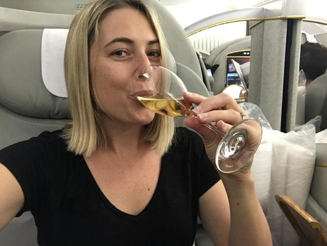 EMIRATES FIRST CLASS. If you don't take a champagne selfie, did it even happen? Picture: Celeste Mitchell