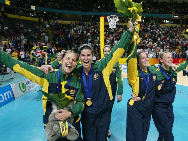 Harby-Williams celebrates winning the 2002 Commonwealth gold medal with teammates Alex Hodge, Peta Squire and Sharelle McMahon.