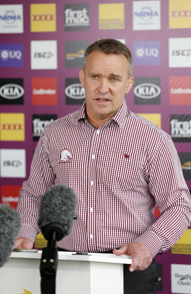 Broncos CEO Paul White speaks to the media. Picture: AAP Image/Josh Woning