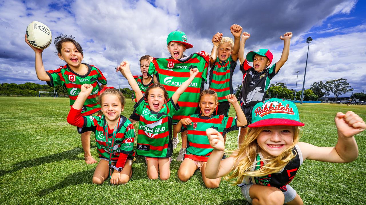 NRL Grand Final 2021. Rabbitohs Members and Supporters Open Training Session on the Gold Coast. Tayla McBurney, 6, Zeke Walters, 6, Ava Dent, 8, Van Slattery, 6, Sol Slattery, 5, Elsie Sharman, 7, Evie Walters, 5, Lily Slattery and Zara Dent, 5. Picture: Nigel Hallett