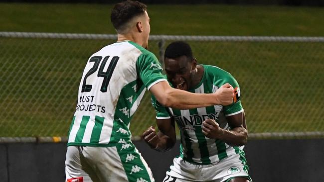 Adolph Koudakpo celebrates a goal. Picture: Mark Avellino