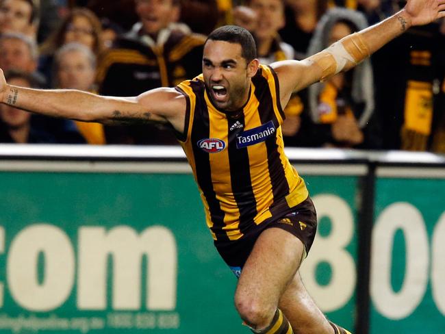 Embargoed until midnight Nov 13th.  Hawthorn's Shaun Burgoyne celebrates goal during the 2013 1st Preliminary Final match between the Hawthorn Hawks and the Geelong Cats at the MCG, Melbourne on September 20, 2013. (Photo: David Callow/AFL Media)