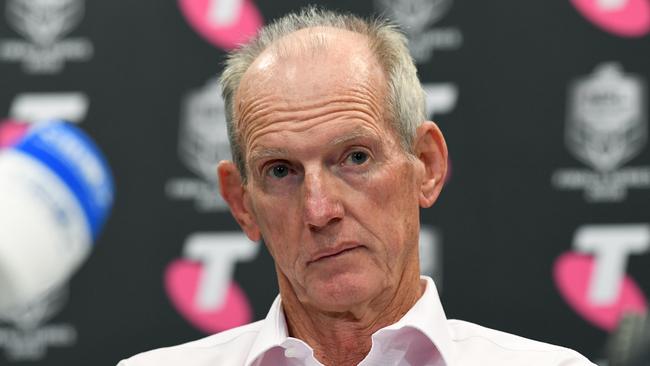 Broncos coach Wayne Bennett looks on during a post match press conference following the Elimination Final between the Brisbane Broncos and the St George-Illawarra Dragons in Week 1 of the NRL Finals Series at Suncorp Stadium in Brisbane, Sunday, September 9, 2018. (AAP Image/Dave Hunt) NO ARCHIVING, EDITORIAL USE ONLY