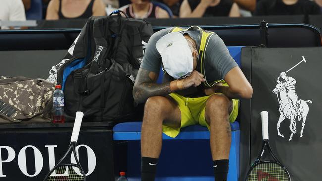 NCA. MELBOURNE, AUSTRALIA. 13th January 2025. Day 2 Australian Open Tennis at Melbourne Park. Nick Kyrgios vs Jeremy Chardya at John Cain Arena. Australian Nick Kyrgios at a change of ends during his 1st round match. Picture: Michael Klein