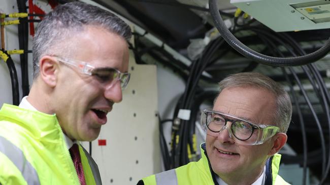 ADELAIDE, AUSTRALIA - NewsWire Photos April 3 2023: Australian Prime Minister Anthony Albanese and South Australian Premier Peter Malinauskas speak to workers on the Collins Class Submarine at the Osborne Naval Shipyard in Adelaide. NCA NewsWire / David Mariuz