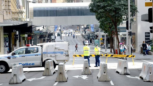 Security measures in the city during the Anzac Day march in Sydney. photo Jeremy Piper