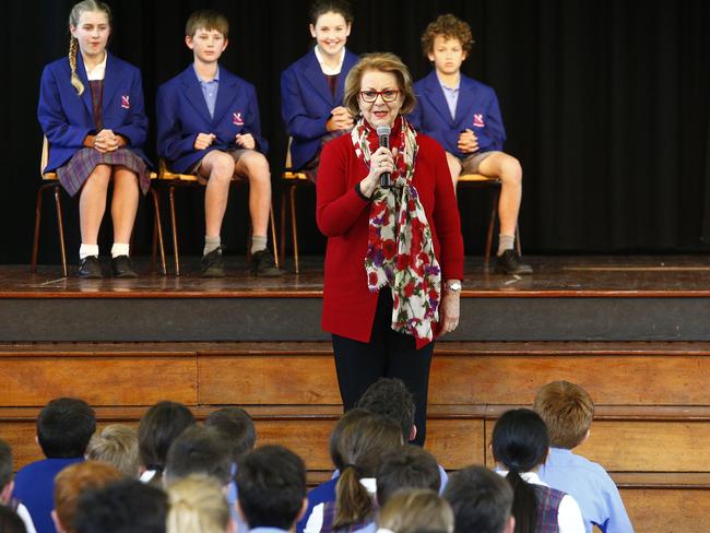 Kenny addresses the assembly at her old school. Picture: John Appleyard