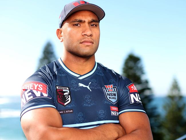 SYDNEY, AUSTRALIA - MAY 22: Tevita Pangai Junior of the Blues poses during a NSW Blues State of Origin Media Opportunity at the Crowne Plaza, Coogee on May 22, 2023 in Sydney, Australia. (Photo by Mark Kolbe/Getty Images)