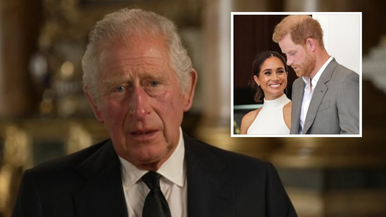 King Charles III speaks of Prince Harry and Meghan during his address to the nation. Pictures: BBC; Chris Jackson/Getty Images