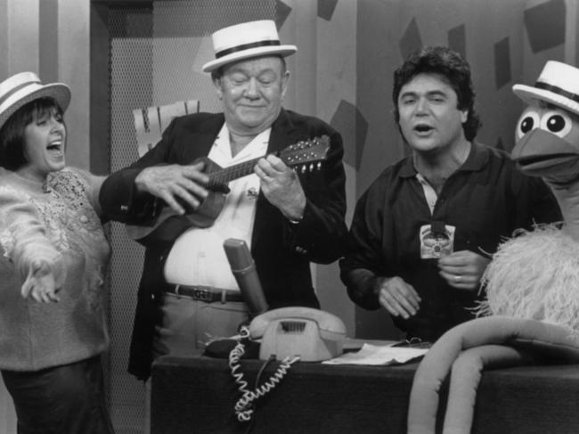 Denise Drysdale with Maurie Fields, Daryl Somers and Ossie Ostrich on Hey Hey It’s Saturday in its early years.