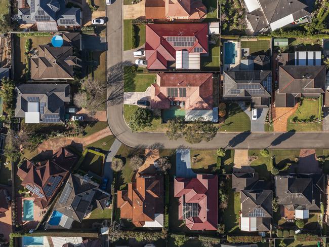 Local residential leafy street in Kirribilli wealthy suburb of Sydney at spring time when Jacaranda trees blossom. Aerial vertical panorama from local park to distant city CBD landmarks.