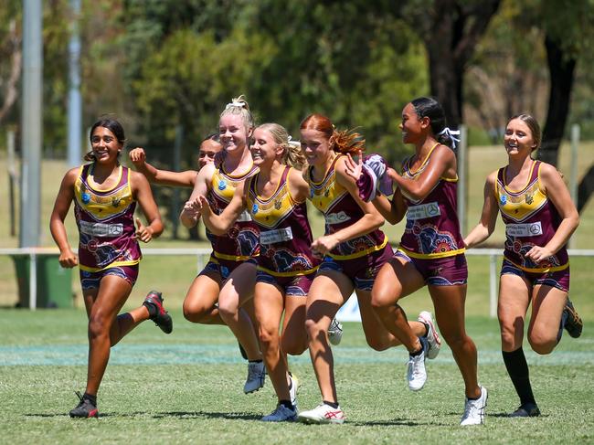 The Hills Hornets U16s girls celebrate at the NSW Touch Junior State Cup Southern Conference in Dubbo. Picture: Kathryn Johnston Photography