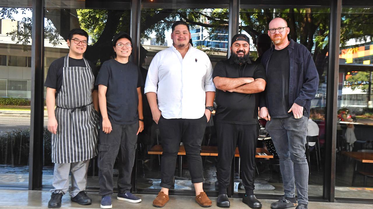 Chefs Pornsak Charoenkijchaichana and Darin Rodsud, owner Jordan Votan, and chefs Pawan Giri and Tom Swapp at the new Kid Curry restaurant which will open in Fortitude Valley. Picture: John Gass