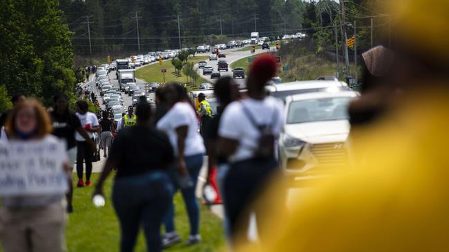 Traffic lines up outside a public viewing for George Floyd in Fayetteville, North Carolina. Picture: Getty Images