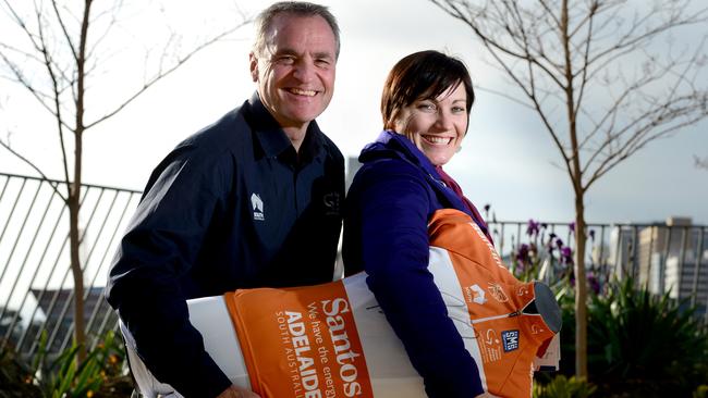 TDU to reveal 2016 race routes revealed. TDU Race Director Mike Turtur and Ambassador Anna Meares at SAHMRI. Pic: Tricia Watkinson