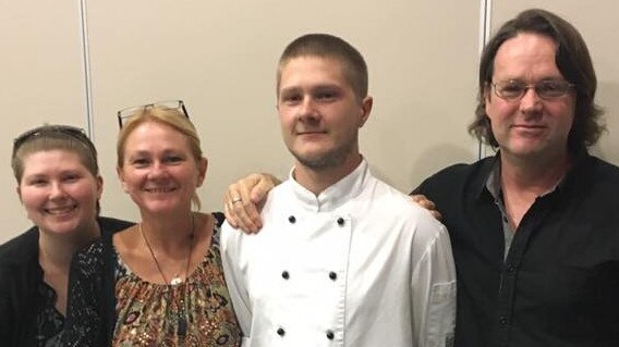 Chef Josh Cummings graduating. Pictured here with (from left) sister Katrina, mum Michelle Byfield and stepdad Murray Byfield. Picture: Supplied.