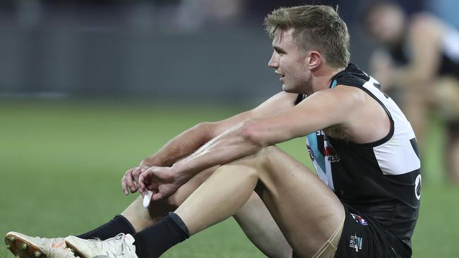 Dougal Howard slumps after a one-point loss to GWS. Picture: Sarah Reed.