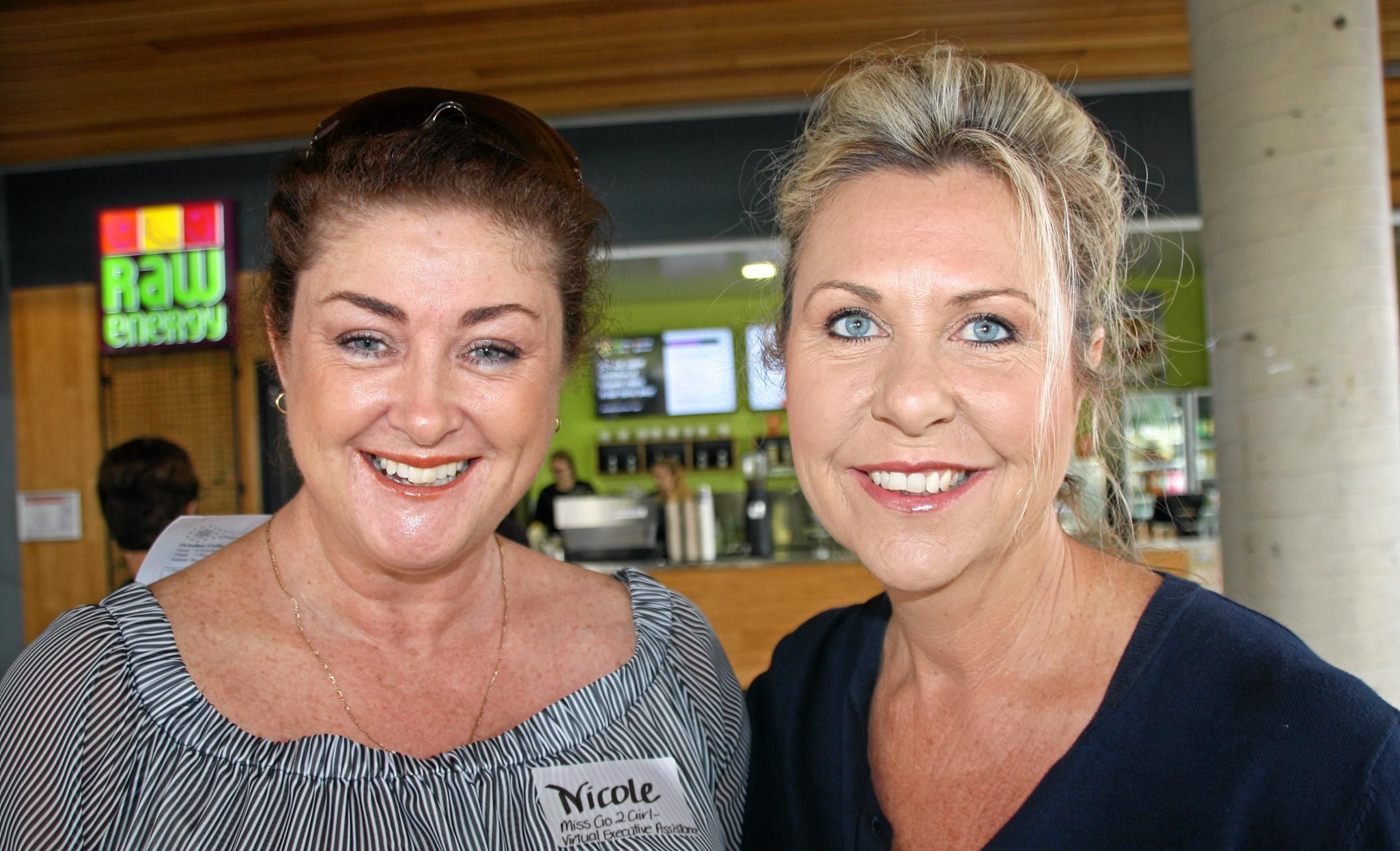 Nicole Keith of Miss Go 2 Girl and Jennifer Swaine of Sunshine Coast Concierge Services at the University of the Sunshine Coast Health and Sport Centre for the Maroochydore Chamber of Commerce coffee morning with Sunshine Coast Lightning. Picture: Erle Levey