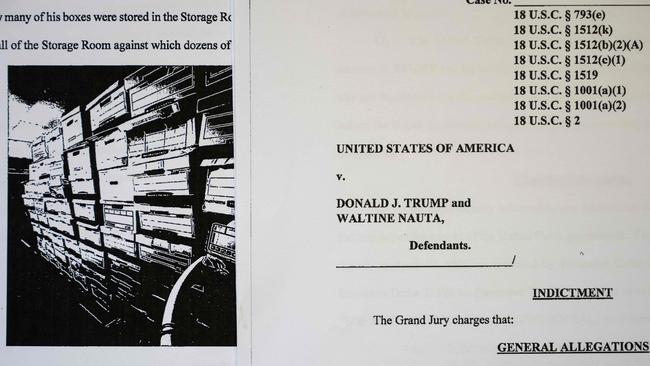 Pages from the unsealed federal indictment of Donald Trump. Picture: Getty Images via AFP.