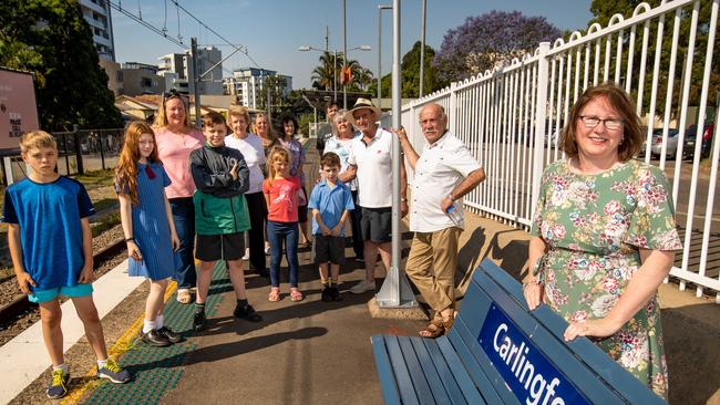 Portraits of Parramatta Councillor Donna Davis with residents at Carlingford Station. The group is joining forces to farewell the Carlingford Line - which will close in January for the Parramatta Light Rail. Picture: AAP/Julian Andrews