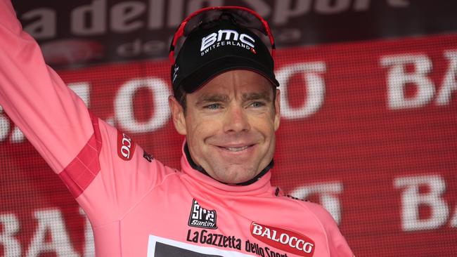 Leader ... Australian rider Cadel Evans celebrates gaining the pink jersey at the 97th Giro d'Italia, Tour of Italy, cycling race. Picture: AFP