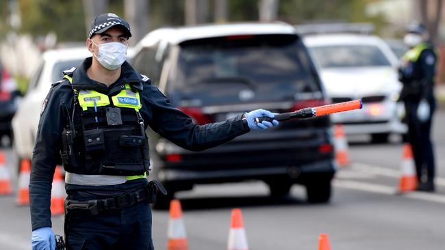 Police perform random checks on drivers and passengers at Camp Road in Broadmeadows on the first morning of lockdown due to an increased rate of COVID-19 infections. Picture: NCA NewsWire Andrew Henshaw