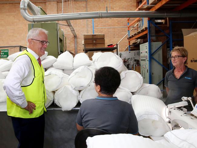 Prime Minister visiting local factory Bambi Enterprises and talks to workers today Wednesday 29th November 2017 with federal Robertson member Lucy Wicks.(AAP Image/Sue Graham)