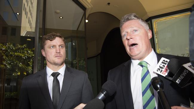 Brett Finch (left) with his lawyer Paul McGirr outside Downing Centre Local Court following his sentence. NSW Picture: NewsWire/Monique Harmer