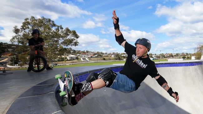 Mike Van Broek, 53 in the skate bowl at the new Kangaroo Bay skate park at Rosny PICTURE: LUKE BOWDEN