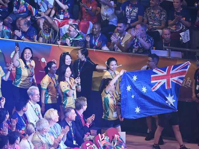 Australian athletes attend the opening ceremony of the Gay Games in Hong Kong on  November 4, 2023 as more than a thousand athletes gathered in the Queen Elizabeth Stadium to open the Gay Games, the first time the international LGBTQ sporting event has come to Asia. (Photo by Peter PARKS / AFP)