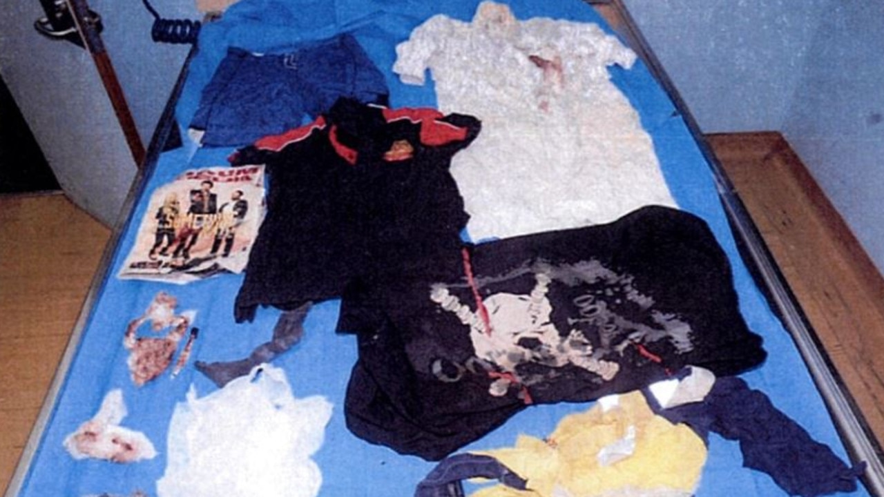 Blood-stained clothing seized by police including a white dressing gown (above right), T-shirt and man’s polo shirt. Picture: NSW Police.