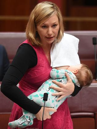 In June Waters made history when she addressed the Senate while breastfeeding her ten-week-old baby. Photo: AAP Image/Lukas Coch