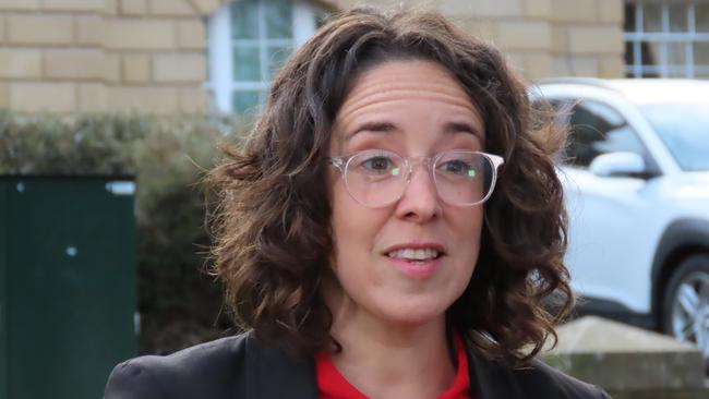 CPSU secretary Thirza White speaks to the media about the 2021/22 Tasmanian state budget on parliament Lawns on Thursday, August 26, 2021.