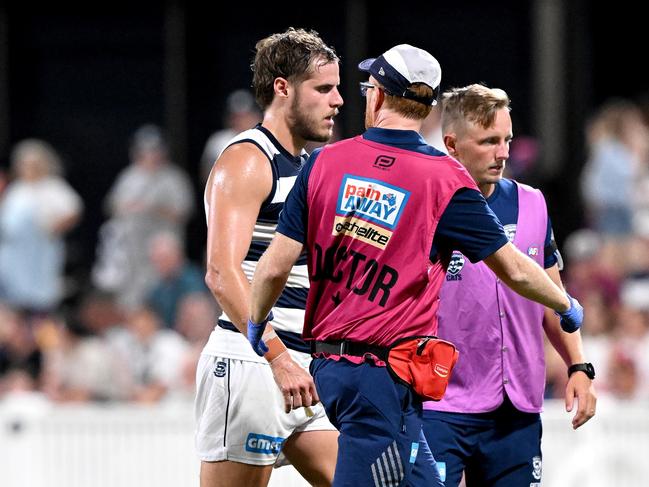 Jake Kolodjashnij copped a hit against Brisbane. Picture: Bradley Kanaris/Getty Images