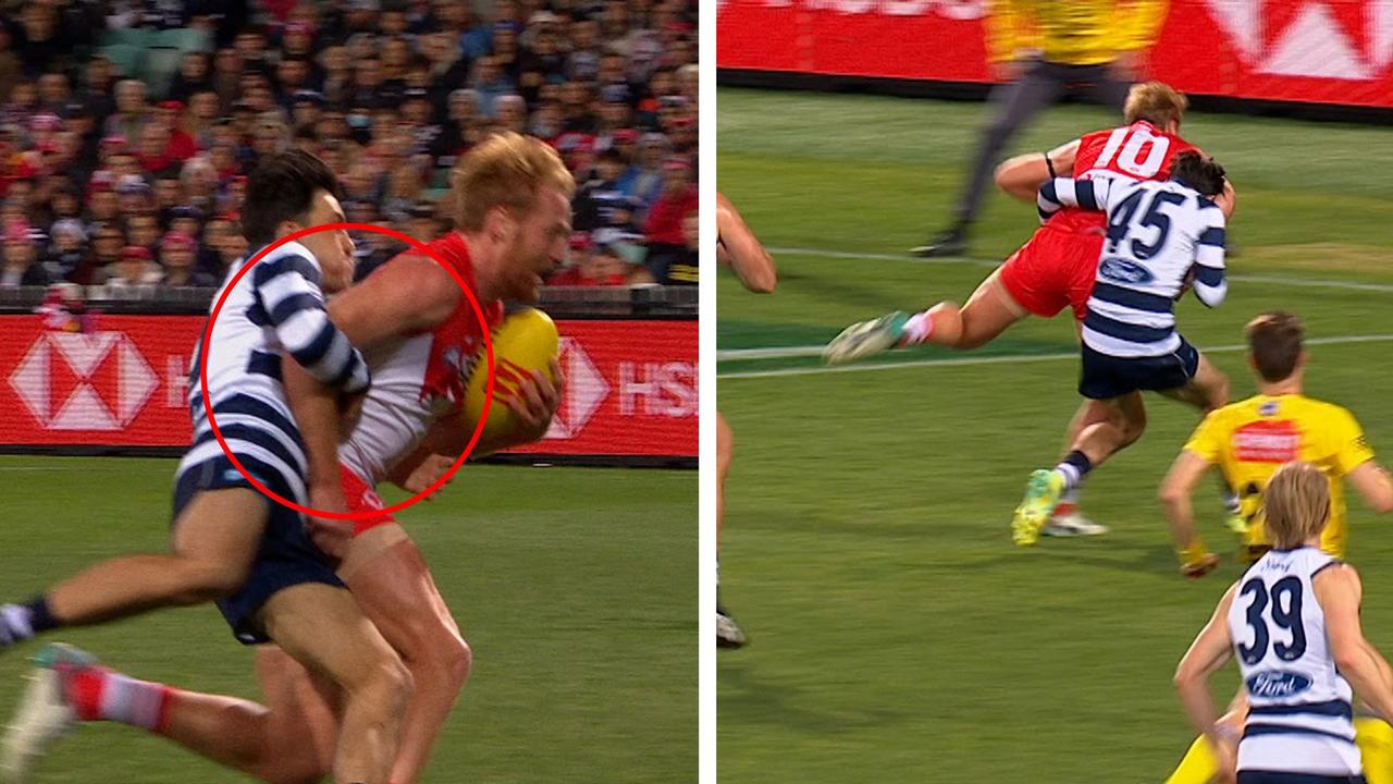 Brad Close could be in hot water for this tackle on Swan Aaron Francis.