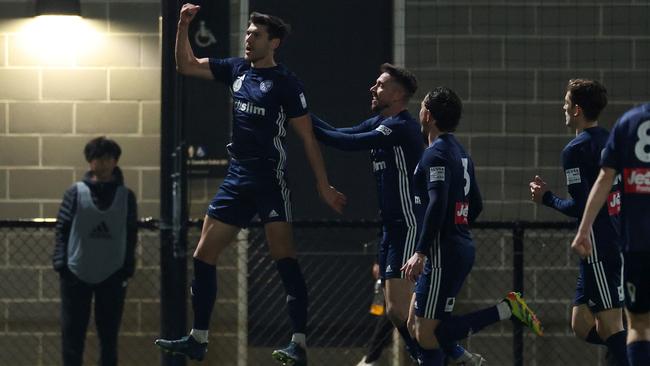 Jordon Hall celebrates a goal in the Australia Cup.