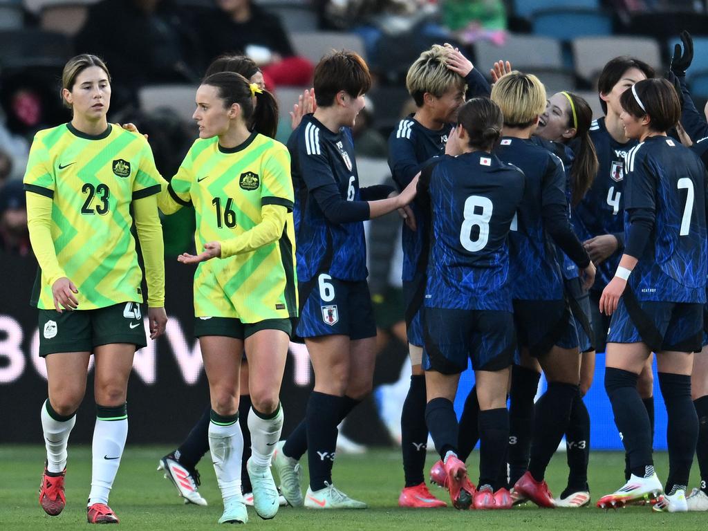 Kyra Cooney-Cross and Hayley Raso react after a Japan goal. Picture: Getty Images