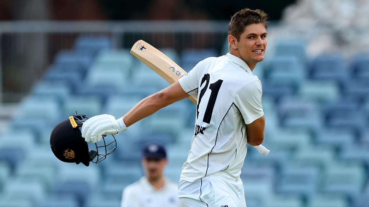 Aaron Hardie celebrates his ton in the Sheffield Shield final in April.