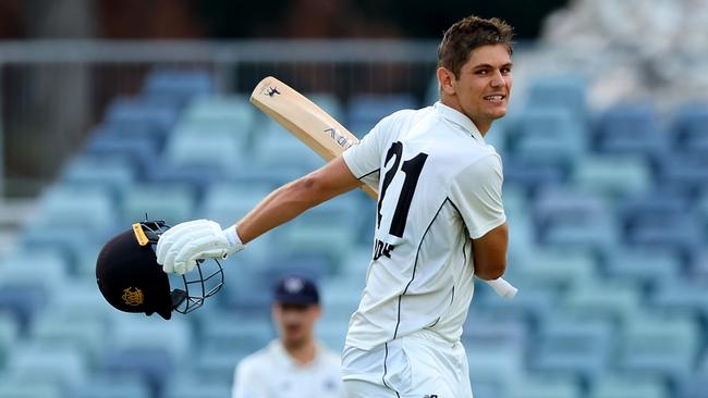 Aaron Hardie celebrates his ton in the Sheffield Shield final in April.