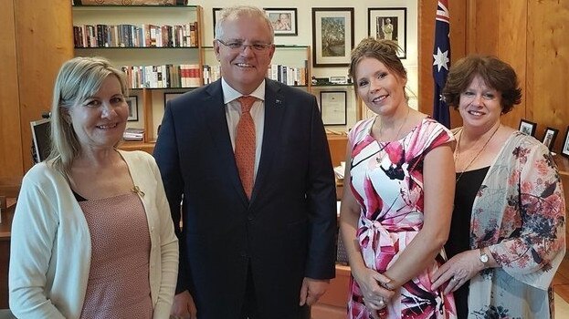 Julie-Ann Finney with Prime Minister Scott Morrison on Thursday, along with Nikki Jamieson who lost her son Daniel and Colleen Pillen who lost her son Michael.