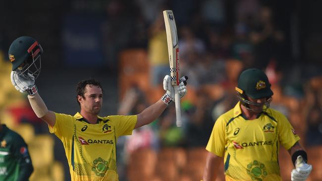 Australia's Travis Head celebrates after scoring a blistering century. Picture: AFP