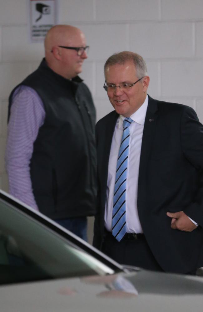 PM Scott Morrison leaves the 2GB studios after an interview with Alan Jones. Picture: John Grainger